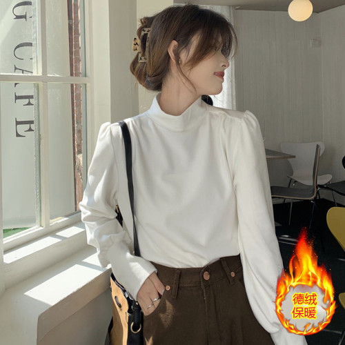 法式半高領泡泡長袖磨毛德絨打底衫女秋冬新款簡約白色曡穿上衣