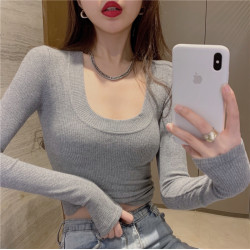 純欲風大u領螺紋長袖t恤女秋冬新款韓版修身短款打底衫內搭上衣潮