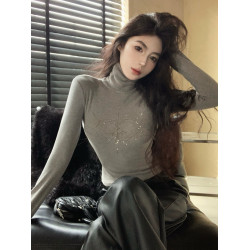 閃鑽長袖t恤女秋冬純欲顯身材上衣堆堆領高領磨毛加絨打底衫內搭