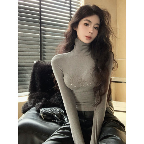 閃鑽長袖t恤女秋冬純欲顯身材上衣堆堆領高領磨毛加絨打底衫內搭