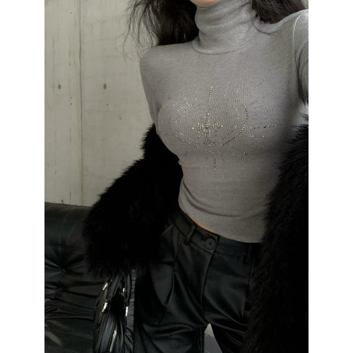 閃鑽長袖t恤女秋冬純欲顯身材上衣堆堆領高領磨毛加絨打底衫內搭