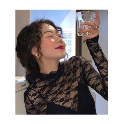 洋氣性感毛衣內搭蕾絲打底衫女秋冬高領鏤空網紗上衣高級長袖T恤