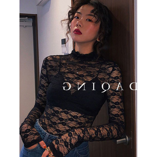 洋氣性感毛衣內搭蕾絲打底衫女秋冬高領鏤空網紗上衣高級長袖T恤