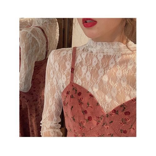 洋氣性感毛衣內搭蕾絲打底衫女秋冬高領鏤空網紗上衣高級長袖T恤