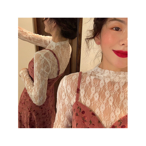 洋氣性感毛衣內搭蕾絲打底衫女秋冬高領鏤空網紗上衣高級長袖T恤