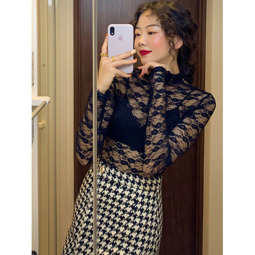 洋氣性感毛衣內搭蕾絲打底衫女秋冬高領鏤空網紗上衣高級長袖T恤