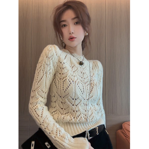 港味復古chic法式高級感超好看的白色短款毛衣上衣女秋冬季打底衫