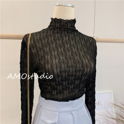 長袖紗衣蕾絲打底衫女新款內搭網紗秋冬緊身高領堆堆領彈力韓版