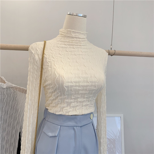 長袖紗衣蕾絲打底衫女新款內搭網紗秋冬緊身高領堆堆領彈力韓版