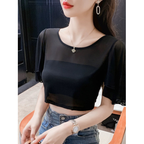 2025夏季新款打底短款披肩外穿內搭女搭吊帶裙遮手臂圓領短袖罩衫