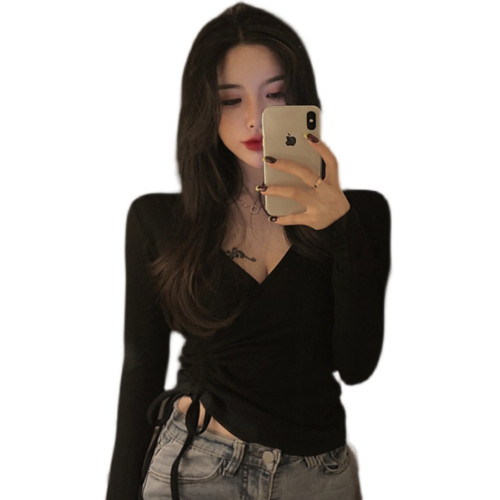 純欲風高腰短款V領抽繩小衆正肩T恤氣質別致辣妹上衣打底衫女早春