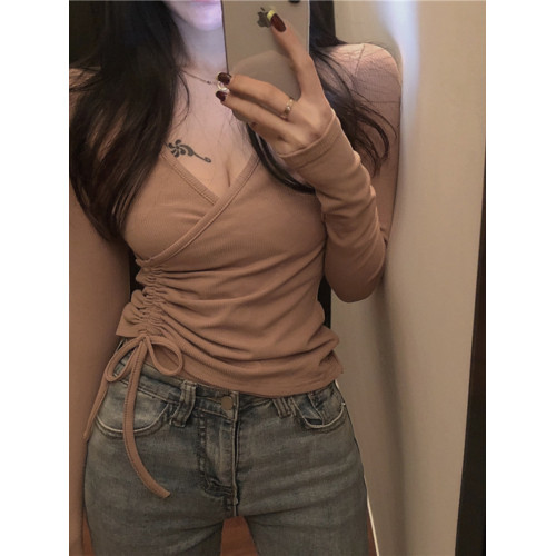 純欲風高腰短款V領抽繩小衆正肩T恤氣質別致辣妹上衣打底衫女早春