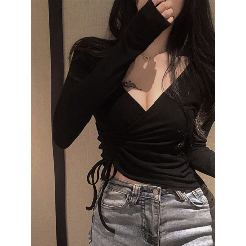 純欲風高腰短款V領抽繩小衆正肩T恤氣質別致辣妹上衣打底衫女早春