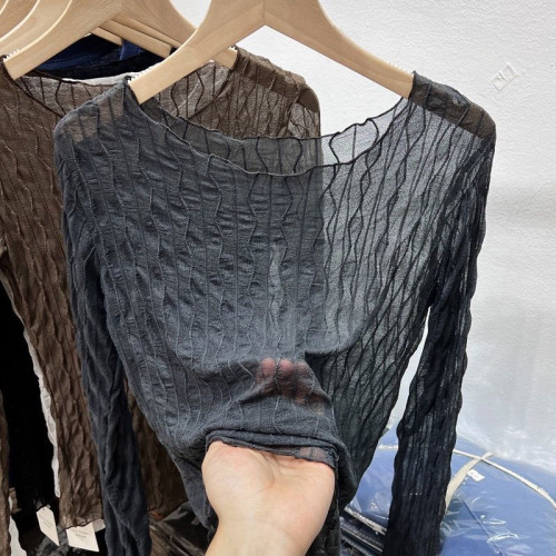 蕾絲打底衫女秋冬2025新款內搭長袖小衫圓領紗衣透明修身網紗上衣