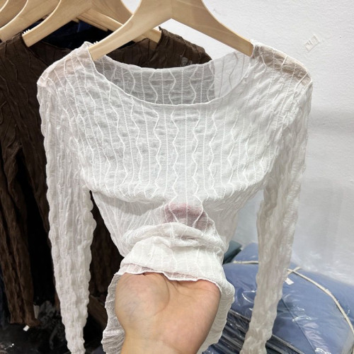 蕾絲打底衫女秋冬2025新款內搭長袖小衫圓領紗衣透明修身網紗上衣