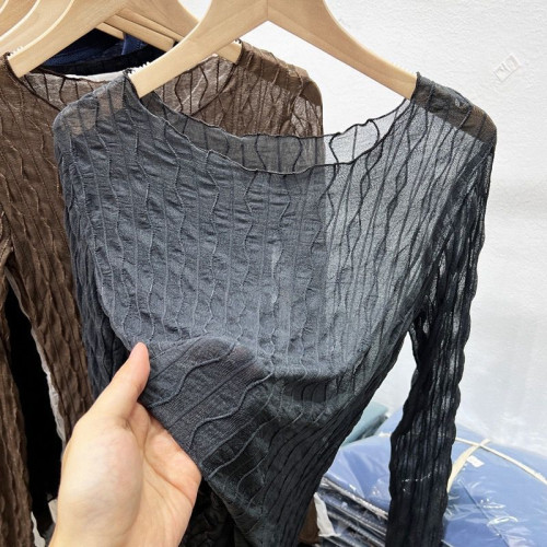 蕾絲打底衫女秋冬2025新款內搭長袖小衫圓領紗衣透明修身網紗上衣