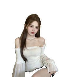 度假一字肩雪紡襯衫女夏設計感泡泡袖修身顯瘦抹胸絕美鎖骨上衣潮