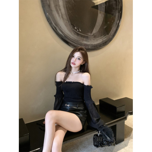 度假一字肩雪紡襯衫女夏設計感泡泡袖修身顯瘦抹胸絕美鎖骨上衣潮