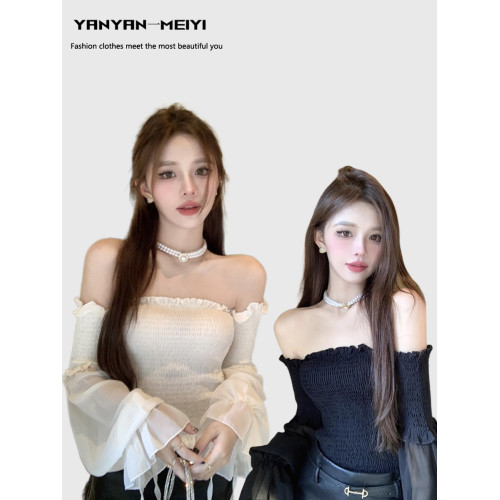 度假一字肩雪紡襯衫女夏設計感泡泡袖修身顯瘦抹胸絕美鎖骨上衣潮