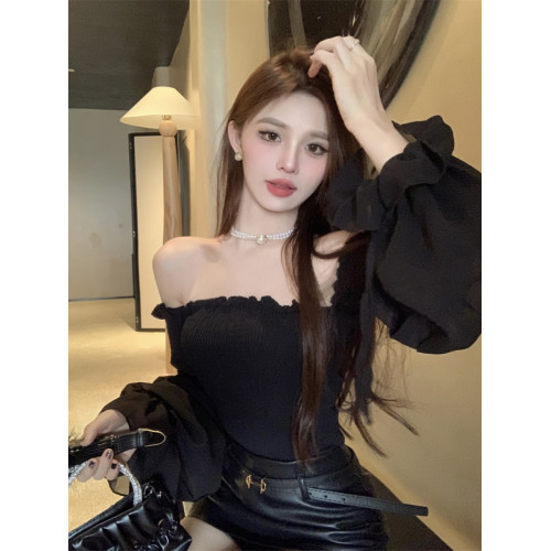 度假一字肩雪紡襯衫女夏設計感泡泡袖修身顯瘦抹胸絕美鎖骨上衣潮