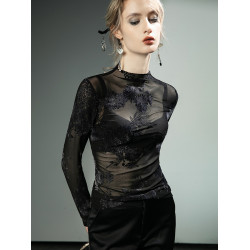 國風植絨蕾絲衫薄款網紗鏤空性感長袖洋氣打底衫