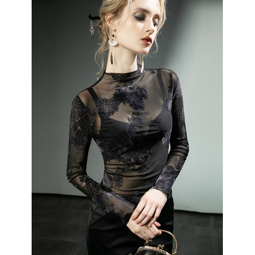 國風植絨蕾絲衫薄款網紗鏤空性感長袖洋氣打底衫