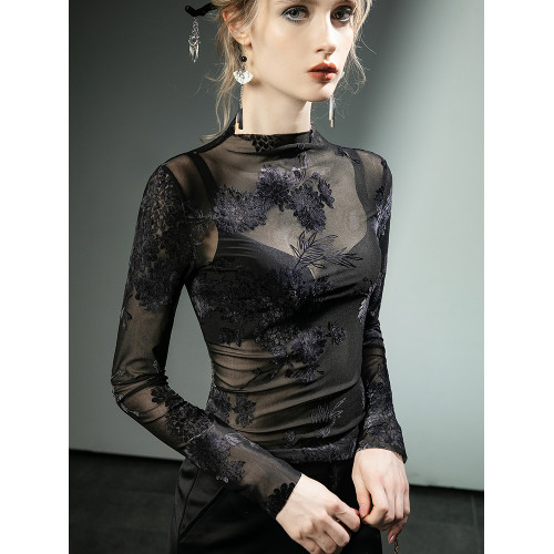 國風植絨蕾絲衫薄款網紗鏤空性感長袖洋氣打底衫