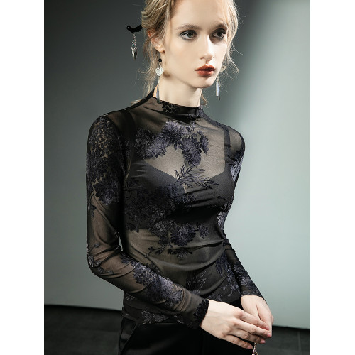 國風植絨蕾絲衫薄款網紗鏤空性感長袖洋氣打底衫