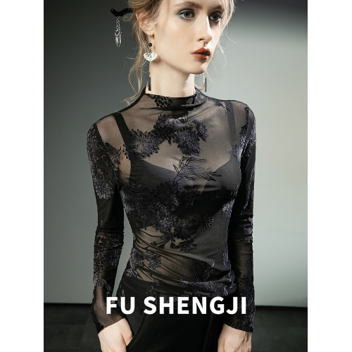 國風植絨蕾絲衫薄款網紗鏤空性感長袖洋氣打底衫