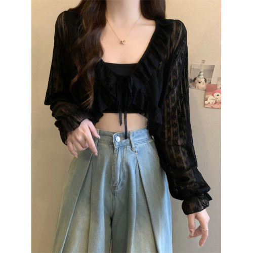 大碼長袖雪紡衫女夏季顯瘦百搭上衣胖MM小衆薄款外搭坎肩防曬襯衣