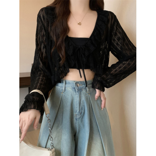 大碼長袖雪紡衫女夏季顯瘦百搭上衣胖MM小衆薄款外搭坎肩防曬襯衣