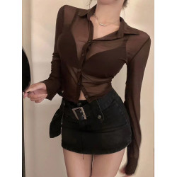 甜辣妹黑色防曬開衫女夏季薄款吊帶外搭罩衫修身長袖襯衫網紗上衣