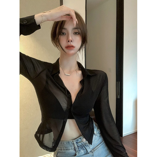甜辣妹黑色防曬開衫女夏季薄款吊帶外搭罩衫修身長袖襯衫網紗上衣