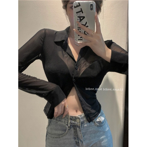 甜辣妹黑色防曬開衫女夏季薄款吊帶外搭罩衫修身長袖襯衫網紗上衣