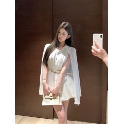 白色披肩雪紡襯衫女設計感小衆夏收腰中長款上衣別致絕美鬭篷襯衣