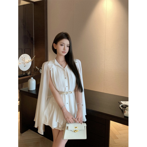 白色披肩雪紡襯衫女設計感小衆夏收腰中長款上衣別致絕美鬭篷襯衣