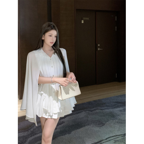 白色披肩雪紡襯衫女設計感小衆夏收腰中長款上衣別致絕美鬭篷襯衣