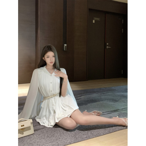 白色披肩雪紡襯衫女設計感小衆夏收腰中長款上衣別致絕美鬭篷襯衣