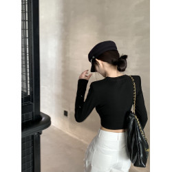 辣妹燙鑽墊肩打底衫女秋冬新款韓版修身性感正肩長袖t恤女小個子