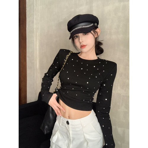 辣妹燙鑽墊肩打底衫女秋冬新款韓版修身性感正肩長袖t恤女小個子
