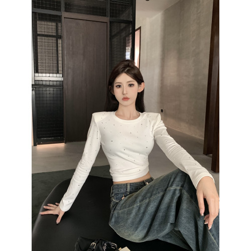 辣妹燙鑽墊肩打底衫女秋冬新款韓版修身性感正肩長袖t恤女小個子