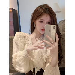 chic早秋季蕾絲娃娃領雪紡襯衫女高級設計感小衆法式甜美別致上衣