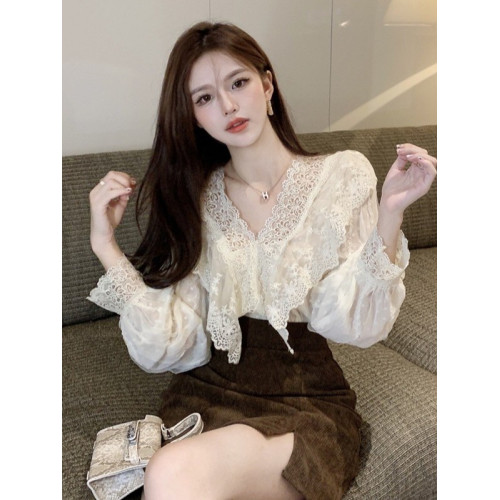 chic早秋季蕾絲娃娃領雪紡襯衫女高級設計感小衆法式甜美別致上衣