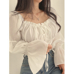 chic早春法式小衆木耳邊系帶方領收腰喇叭袖雪紡衫洋氣短款襯衫女