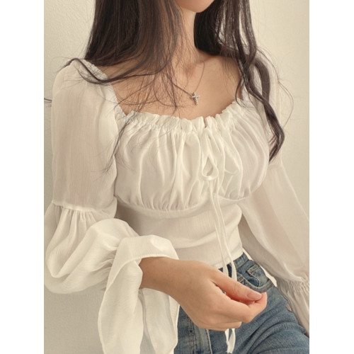 chic早春法式小衆木耳邊系帶方領收腰喇叭袖雪紡衫洋氣短款襯衫女