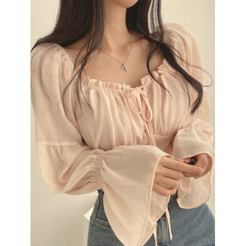 chic早春法式小衆木耳邊系帶方領收腰喇叭袖雪紡衫洋氣短款襯衫女