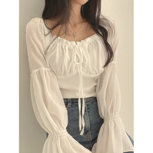 chic早春法式小衆木耳邊系帶方領收腰喇叭袖雪紡衫洋氣短款襯衫女