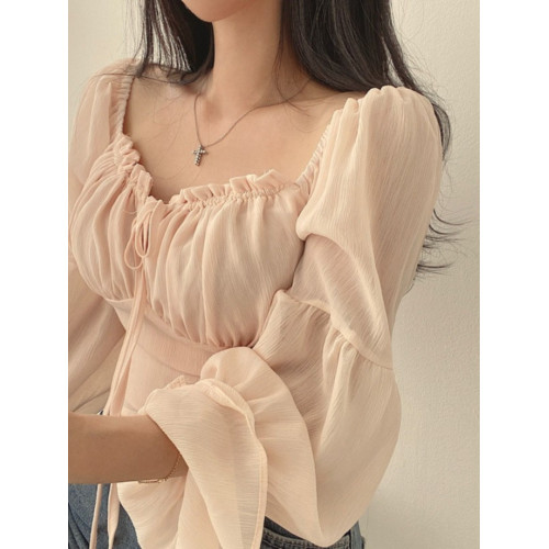 chic早春法式小衆木耳邊系帶方領收腰喇叭袖雪紡衫洋氣短款襯衫女