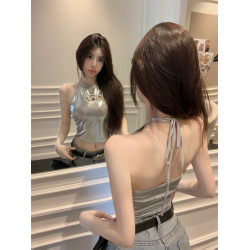 千禧y2k美式金屬亮面吊帶背心女夏外穿純欲辣妹性感掛脖抹胸上衣