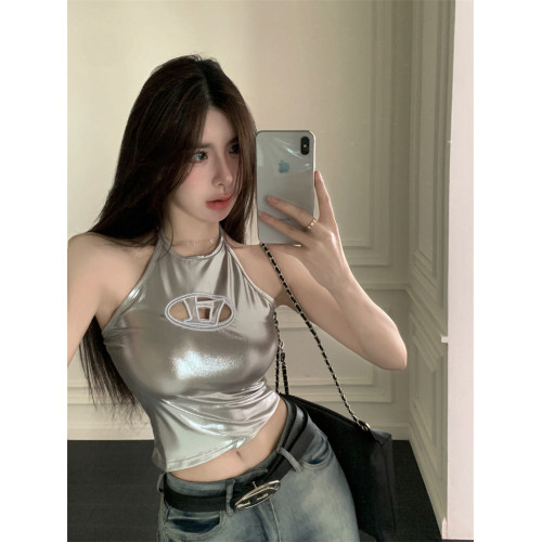 千禧y2k美式金屬亮面吊帶背心女夏外穿純欲辣妹性感掛脖抹胸上衣